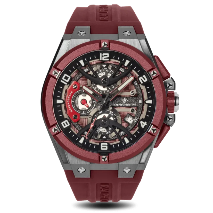 Stříbrné pánské hodinky Ralph Christian s gumovým páskem The Apex Chrono - Crimson Steel 46MM
