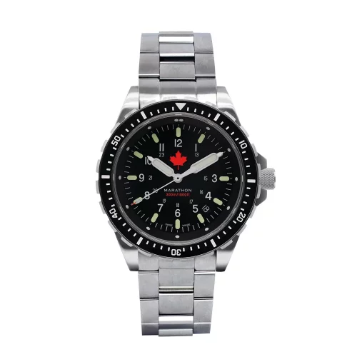 Męski srebrny zegarek Marathon Watches ze stalowym paskiem Red Maple Jumbo Diver's Quartz 46MM