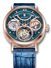 Zlaté pánské hodinky Waldhoff s koženým páskem Ultramatic II Royal Blue RG 42,5MM Automatic