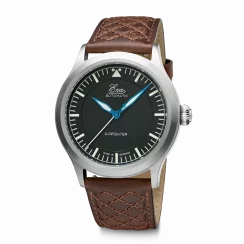 Stříbrné pánské hodinky Eza s koženým páskem AirFighter Black - 41MM Automatic