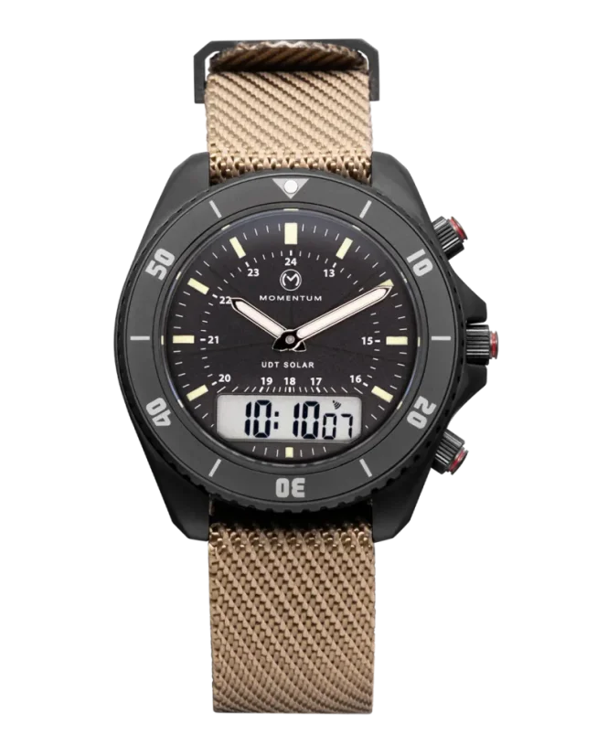 Černé pánské hodinky Momentum s nylonovým páskem UDT Black-Ion - Zulu Nylon Sand 42MM