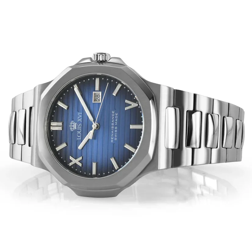 Montre Louis XVI pour hommes en argent avec bracelet en acier inoxydable Renaissance 1620 - Silver Blue 40MM