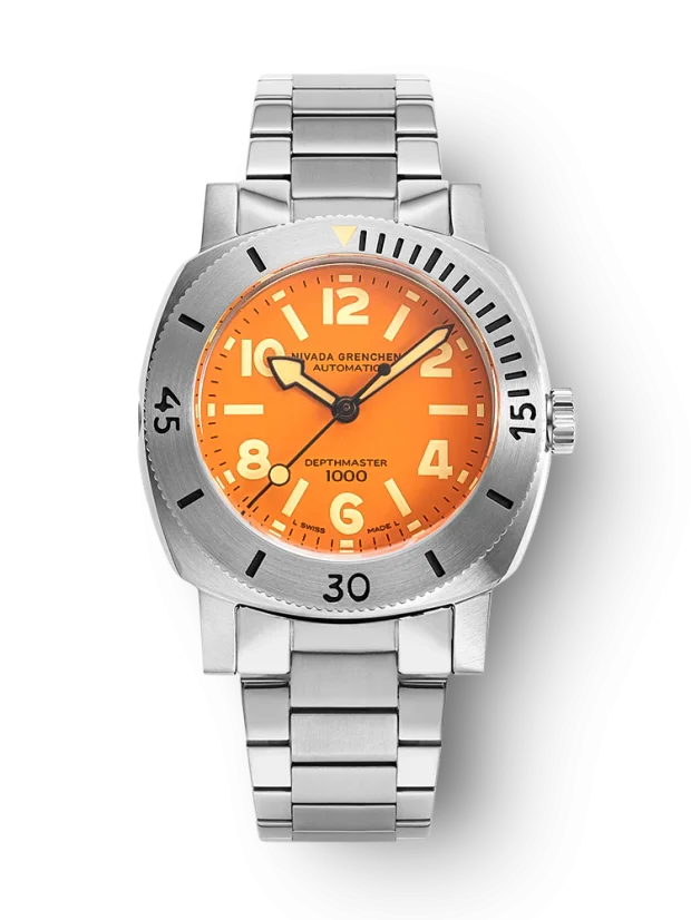 Men's silver Nivada Grenchen watch with rubber steel Orange Depthmaster 14127A20 39MM Automatic