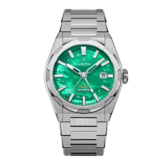 Stříbrné pánské hodinky Aisiondesign Watches s ocelovým páskem HANG GMT - Green MOP 41MM Automatic