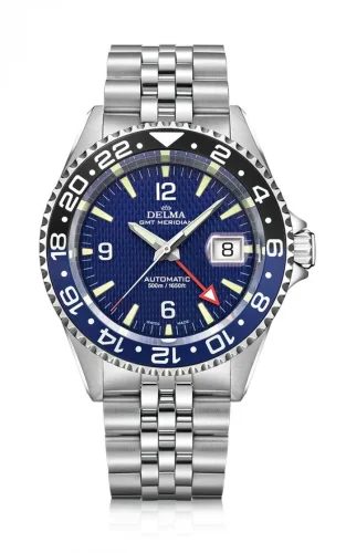 Stříbrné pánské hodinky Delma s ocelovým páskem Santiago GMT Meridian Silver / Blue 43MM Automatic