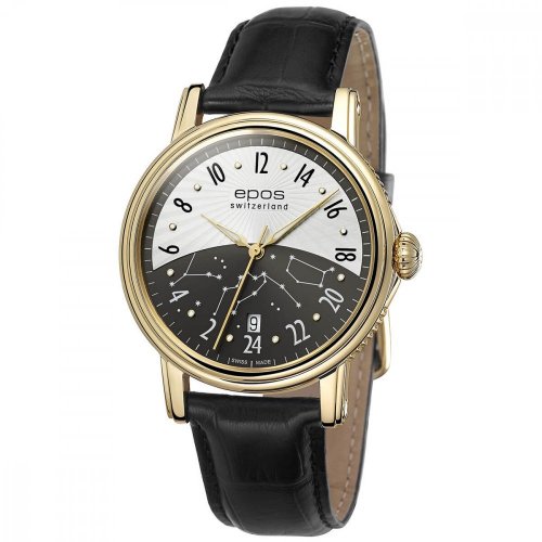 Zlaté pánske hodinky Epos s koženým opaskom Emotion 24H 3390.302.22.38.25 41MM Automatic