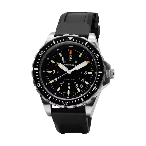 Męski srebrny zegarek Marathon Watches z gumowym paskiem Jumbo Diver's Quartz 46MM
