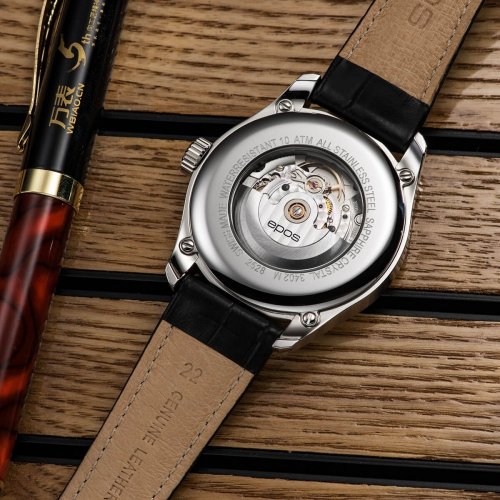 Strieborné pánske hodinky Epos s koženým pásikom Passion 3402.142.20.36.25 43MM Automatic