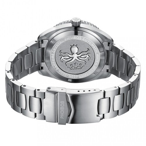 Herrenuhr aus Silber Phoibos Watches mit Stahlband Reef Master 200M - Pitch Black Automatic 42MM