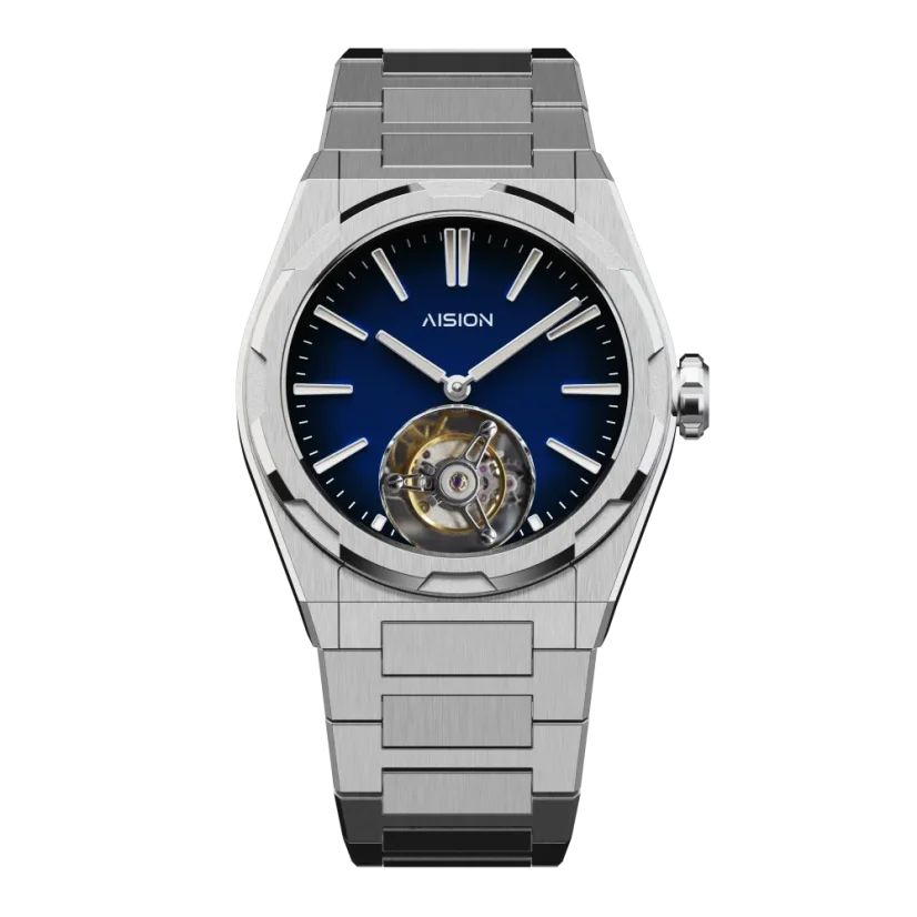 Men's silver Aisiondesign Watches with steel Tourbillon Hexagonal Pyramid Seamless Dial - Blue 41MM