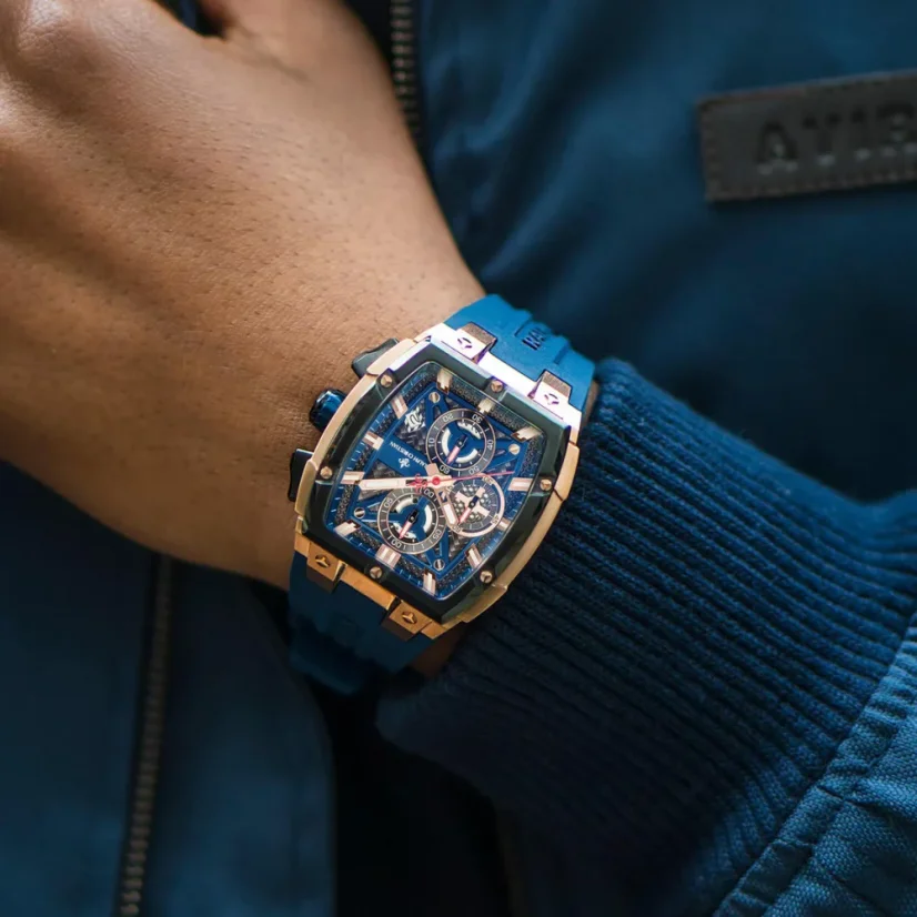Goldene Herrenuhr Ralph Christian mit Gummiband The Polaris Chrono - Rose Gold / Royal Blue 42,5MM