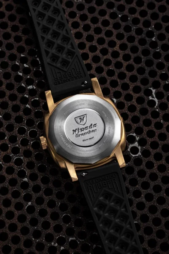 Men's gold Nivada Grenchen watch with leather strap Depthmaster Bronze 14123A16 Black Leather 39MM Automatic