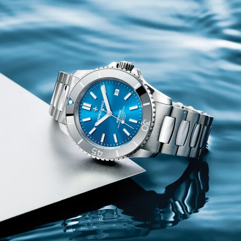 Stříbrné pánské hodinky Venezianico s ocelovým páskem Nereide Tungsteno 4521501C Blue 42MM Automatic