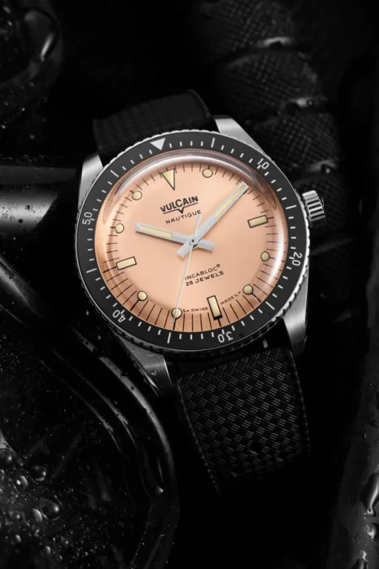 Men's silver Vulcain watch with rubber strap Skindiver Nautique - Salmon Beige Luminova - Rubber 44,5MM Automatic
