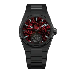 Zwart herenhorloge van Aisiondesign Watches met stalen riem Tourbillon - Lumed Forged Carbon Fiber Dial - Red 41MM