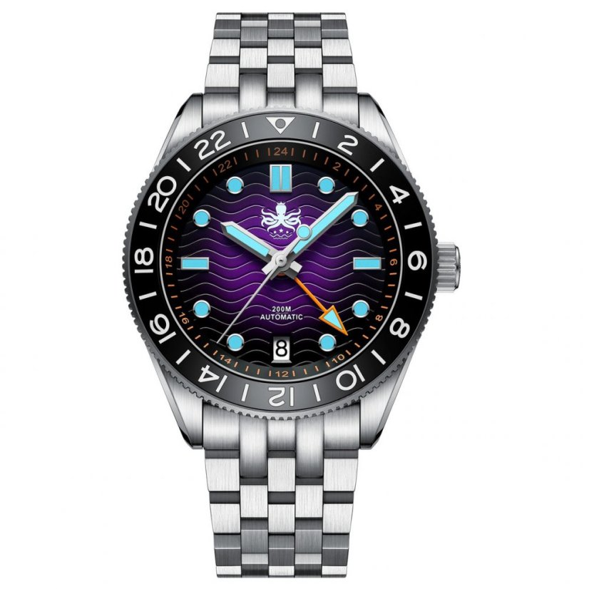 Relógio Phoibos Watches de prata para homem com pulseira de aço GMT Wave Master 200M - PY049H Purple Automatic 40MM