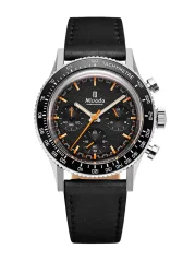 Men's silver Nivada Grenchen watch with leather strap GMT Bezel Chronoking Mecaquartz Inter. Bezel Black Leather 87042Q17 38MM