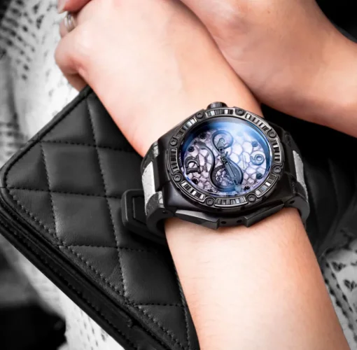 Černé pánské hodinky Nsquare s koženým páskem SnakeQueen White / Black 46MM Automatic