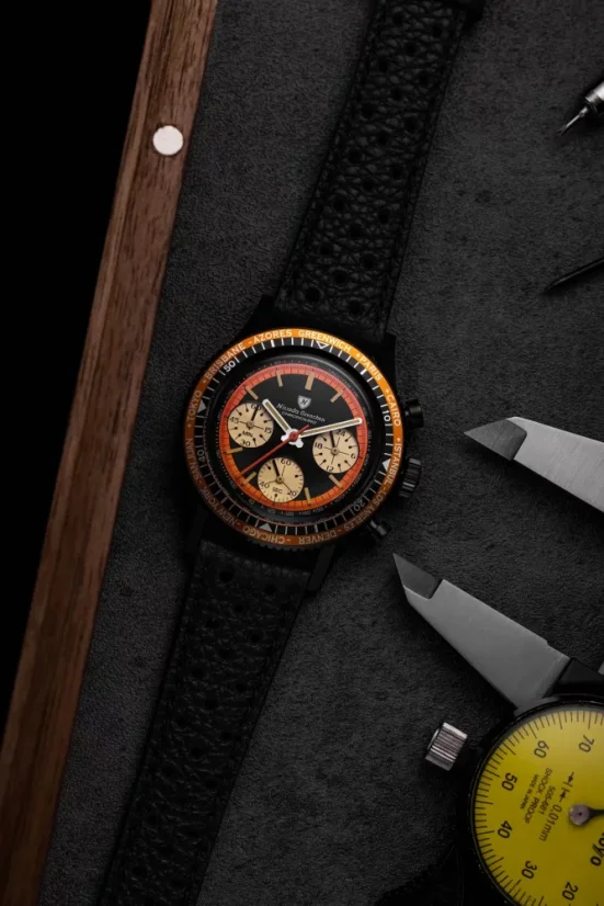 Zwart herenhorloge van Nivada Grenchen met leren riem Chronoking Mecaquartz Black 87041Q10 38MM