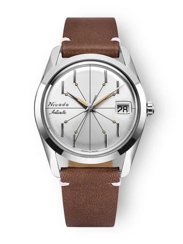 Męski srebrny zegarek Nivada Grenchen ze skórzanym paskiem Antarctic Spider 35012M14 35M