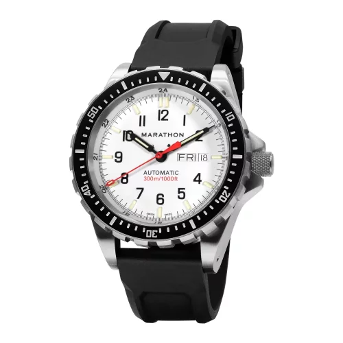 Męski srebrny zegarek Marathon Watches z gumowym paskiem Arctic Edition Jumbo Day/Date Automatic 46MM