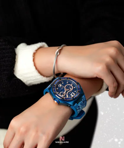 Modré pánské hodinky Nsquare s koženým páskem SnakeQueen Blue 46MM Automatic