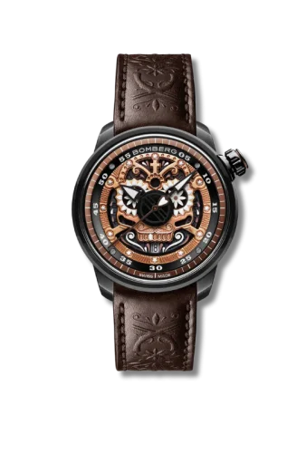 Schwarze Herrenuhr Bomberg Watches mit Lederband BB-01 AUTOMATIC MARIACHI SKULL 43MM Automatic