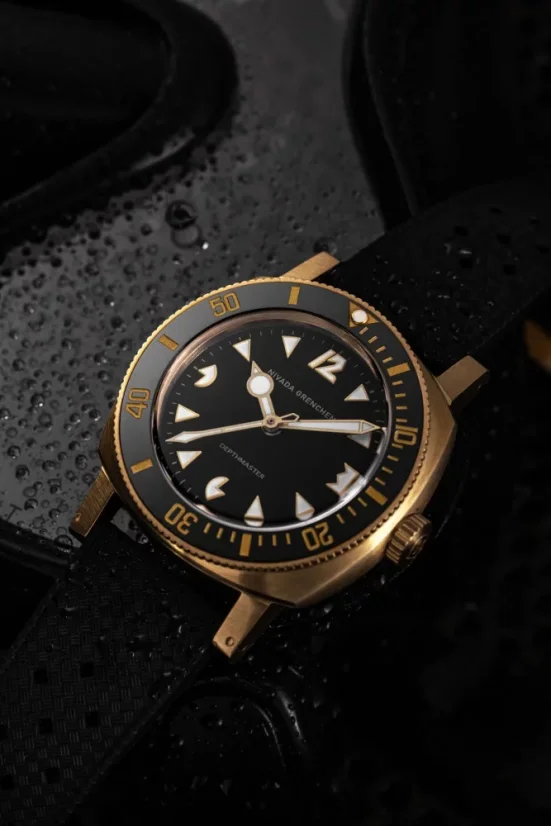 Men's gold Nivada Grenchen watch with leather strap Depthmaster Bronze 14123A16 Black Leather 39MM Automatic