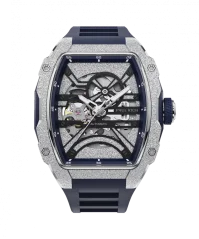 Paul Rich Watch hopea miesten kello kuminauhalla Frosted Astro Skeleton Lunar - Silver / Blue 42,5MM Automatic