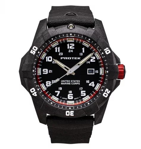 Zwart herenhorloge van ProTek Watches met een rubberen band Official USMC Series 1012 42MM