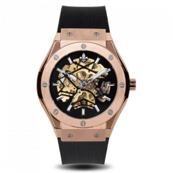 Zlaté pánske hodinky Ralph Christian s gumovým pásikom Prague Skeleton Deluxe - Rose Gold Automatic 44M