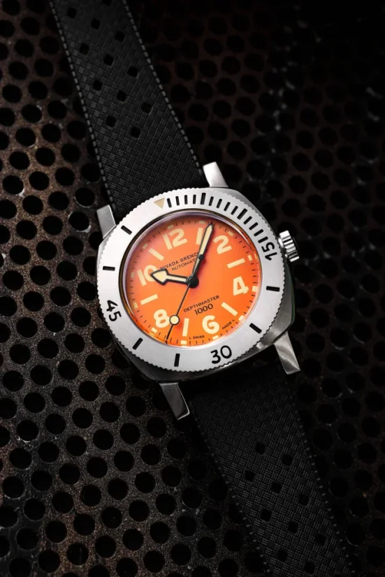 Men's silver Nivada Grenchen watch with leather strap Orange Depthmaster 14127A17 39MM Automatic