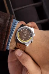 Men's silver Nivada Grenchen watch with leather strap Antarctic GMT - Tropical 32061A17 36MM Automatic