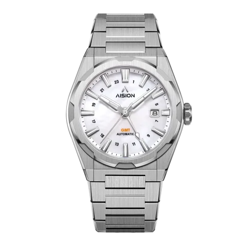 Zilveren herenhorloge van Aisiondesign Watches met stalen riem HANG GMT - White MOP 41MM Automatic