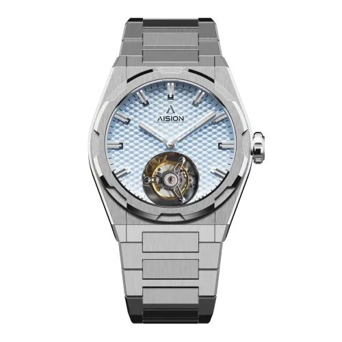 Men's silver Aisiondesign Watch with steel strap Tourbillon Hexagonal Pyramid Seamless Dial - Ice Blue 41MM