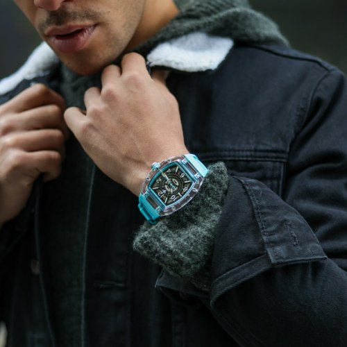 Orologio da uomo in argento Ralph Christian con un braccialetto di gomma The Ghost - Aqua Blue Automatic 43MM