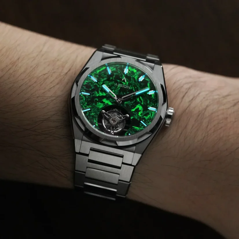 Strieborné pánske hodinky Aisiondesign Watches s ocelovým pásikom Tourbillon - Lumed Forged Carbon Fiber Dial - Green 41MM