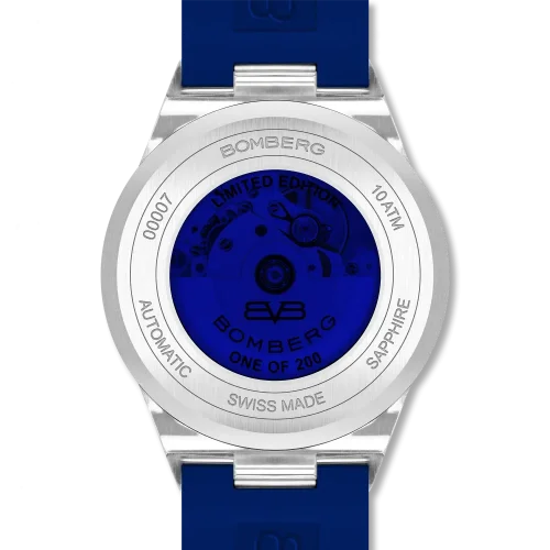Zilveren herenhorloge van Bomberg Watches met een rubberen band MAJESTIC BLUE 43MM Automatic