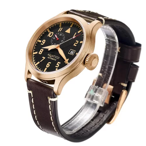 Montre Aquatico Watches pour homme de couleur or avec bracelet en cuir Big Pilot Black Automatic 43MM