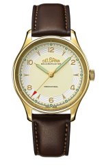 Złoty zegarek męski Delbana Watches ze skórzanym paskiem Recordmaster Mechanical Gold 40MM