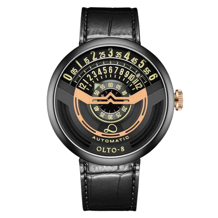 Reloj OLTO-8 negro con correa de cuero INFINITY-I RPM-Style Black / Black 46MM Automatic