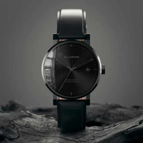 Men's silver Henryarcher Watches watch with leather strap Sekvens - Mørk Nero 40MM Automatic