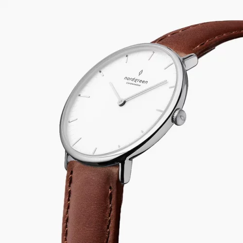 Męski srebrny zegarek Nordgreen ze skórzanym paskiem Native White Dial - Brown Leather / Silver 36MM