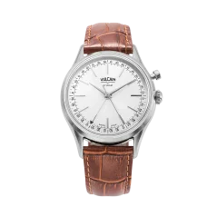 Srebrni muški sat Vulcain s kožnim remenom Cricket President Silver Steel Case Back - BROWN CALF SKIN LEATHER ALLIGATOR-PRINTED 38MM Automatic