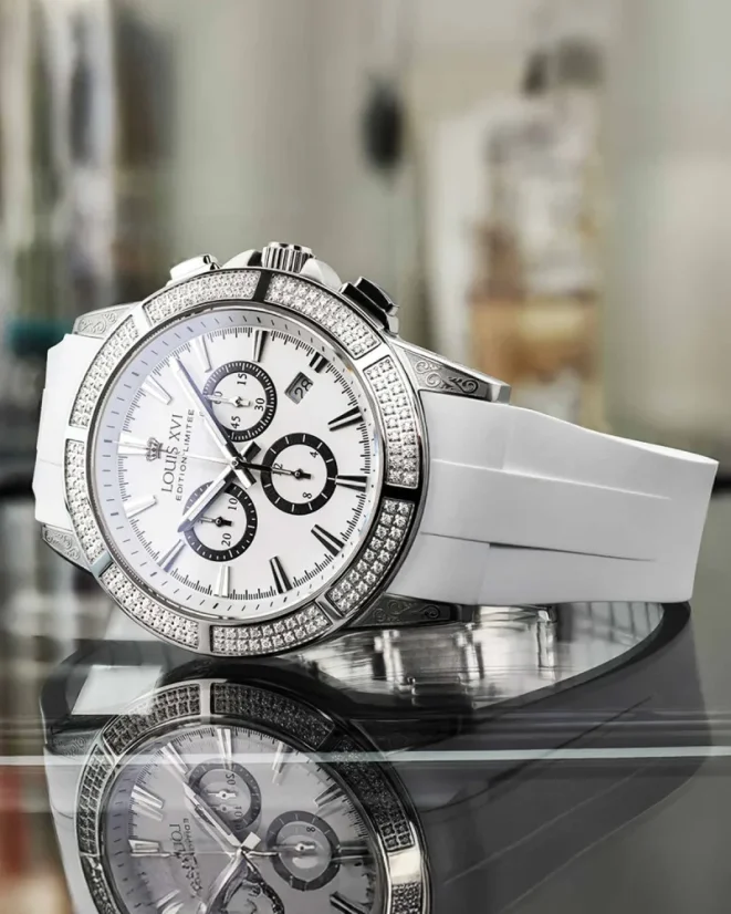 Stříbrné pánské hodinky Louis XVI s gumovým páskem Majesté Iced Out Royale - 1137 Silver 43MM