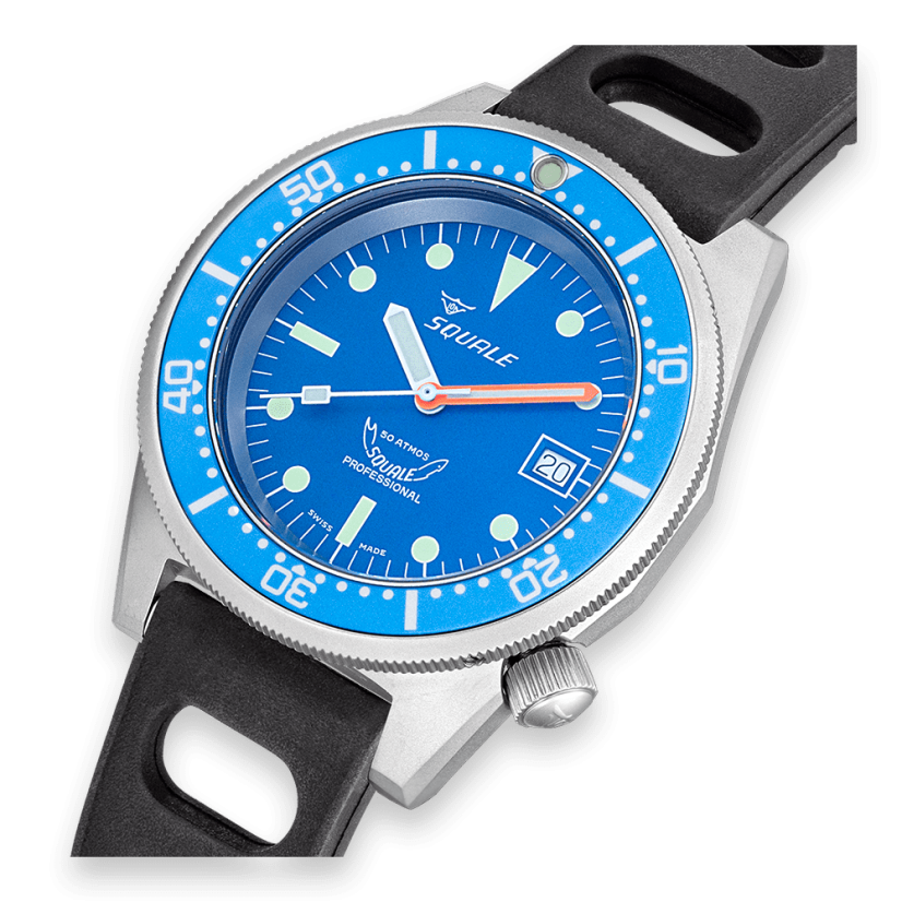 Men's silver Squale watch with rubber strap 1521 Blue Blasted Rubber - Silver 42MM Automatic