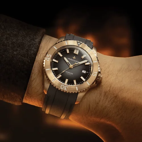 Złoty zegarek męski Venezianico z gumowym paskiem Nereide Bronzo 42MM Automatic