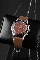 Men's silver Nivada Grenchen watch with leather strap Broad Arrow Tropical dial 85007M14 38MM Manual