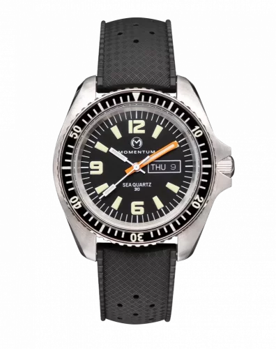 Męski srebrny zegarek Momentum Watches z gumowym paskiem Sea Quartz 30 Tropic FKM Rubber 42MM