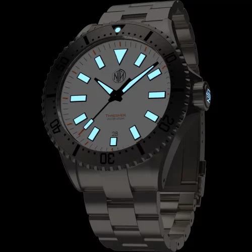 Męski srebrny zegarek NTH Watches ze stalowym paskiem 2K1 Subs Thresher No Date - White Automatic 43,7MM
